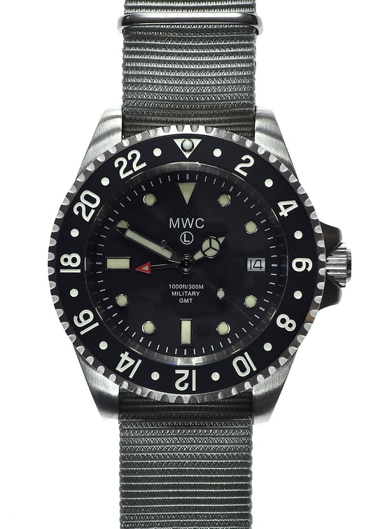 MWC Stainless Steel GMT (Dual Time Zone) Military Watch with Sapphire Crystal and Ceramic Bezel on Silicon Band - Ex Display Watch Not Running Fault Unknown