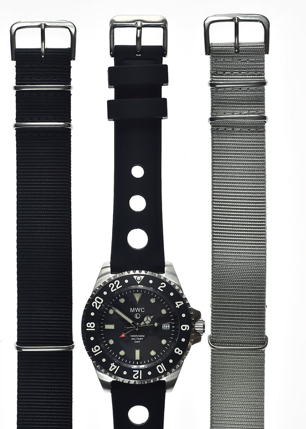 MWC Stainless Steel GMT (Dual Time Zone) Military Watch with Sapphire Crystal and Ceramic Bezel on Silicon Band with 2 NATO Straps