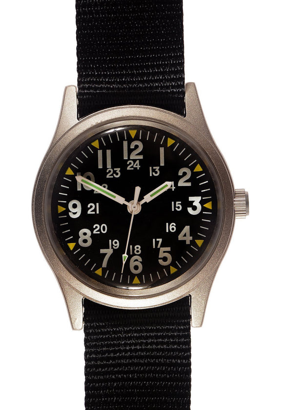 MWC Classic 1970s Pattern MIL-W-46374 Pattern Military Watch on a Black Military Webbing Strap