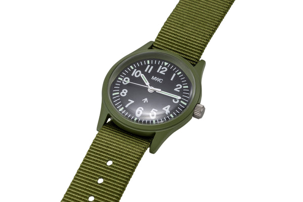 MWC Classic 1960s/70s Pattern Olive Drab European Pattern Military Watch on Matching Strap - New But Might Need a Battery Soon