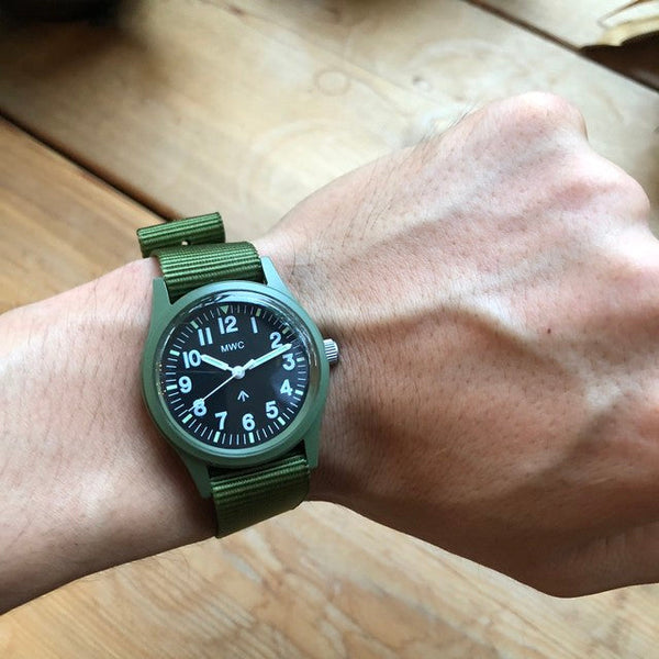MWC Classic 1960s/70s Pattern Olive Drab European Pattern Military Watch on Matching Strap - New But Might Need a Battery Soon