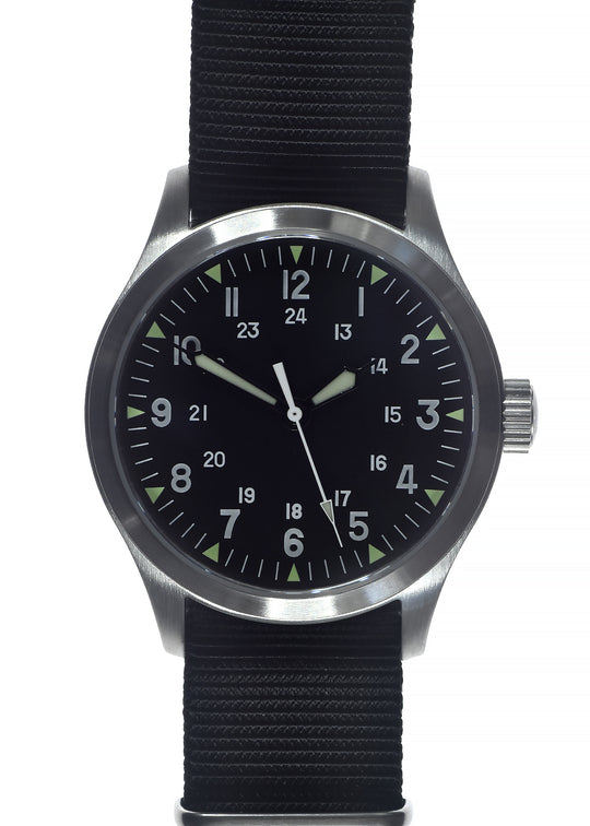 MWC Mk III Stainless Steel 1950's Pattern 100m Water Resistant Automatic Military Watch with Sapphire Crystal (12/24 Hour Dial Variant)