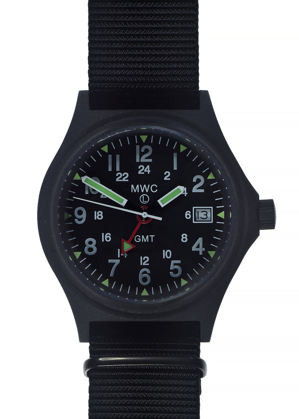 MWC GMT (Dual Time Zone) 100m/330ft Water resistant Military Watch in Black PVD Steel Case with Screw Crown