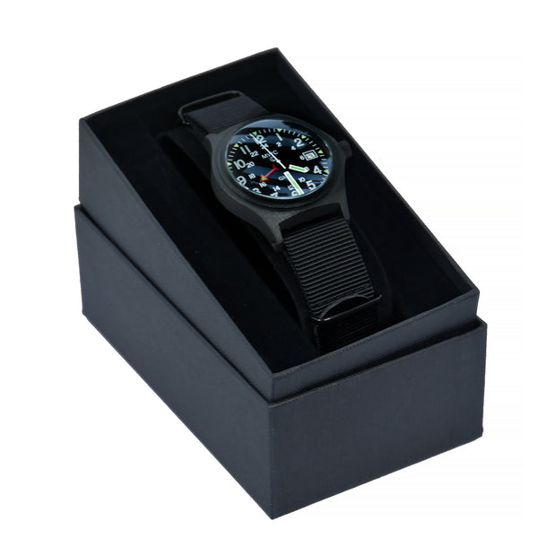 MWC GMT (Dual Time Zone) 100m/330ft Water resistant Military Watch in Black PVD Steel Case with Screw Crown