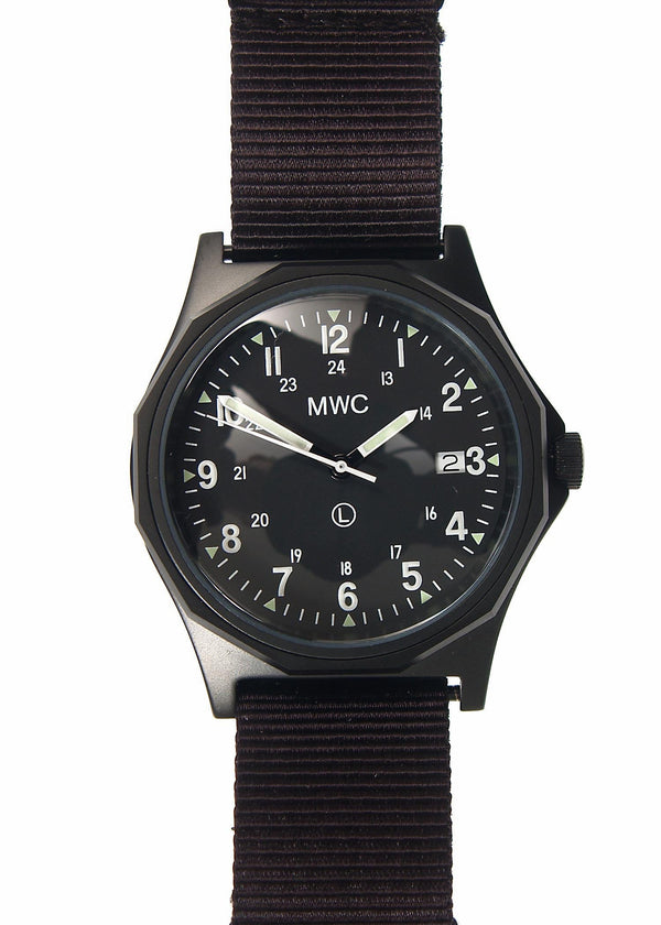 MWC G10 - Remake of the 1982 to 1999 Series Watch in Black PVD Steel with 12/24 NATO dial Pattern, Plexiglass Crystal and Battery Hatch