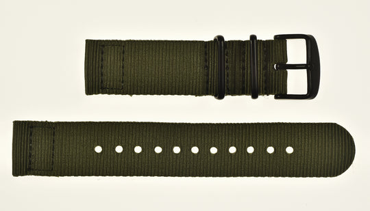 2 Piece 22mm Olive NATO Military Watch Strap in Ballistic Nylon with Black PVD Fasteners