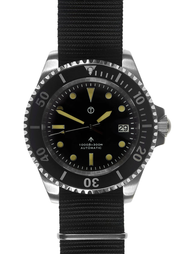 MWC 24 Jewel 1980s Pattern 300m Automatic Military Divers Watch with Sapphire Crystal and a Black and a Grey NATO Strap - Last One Reduced