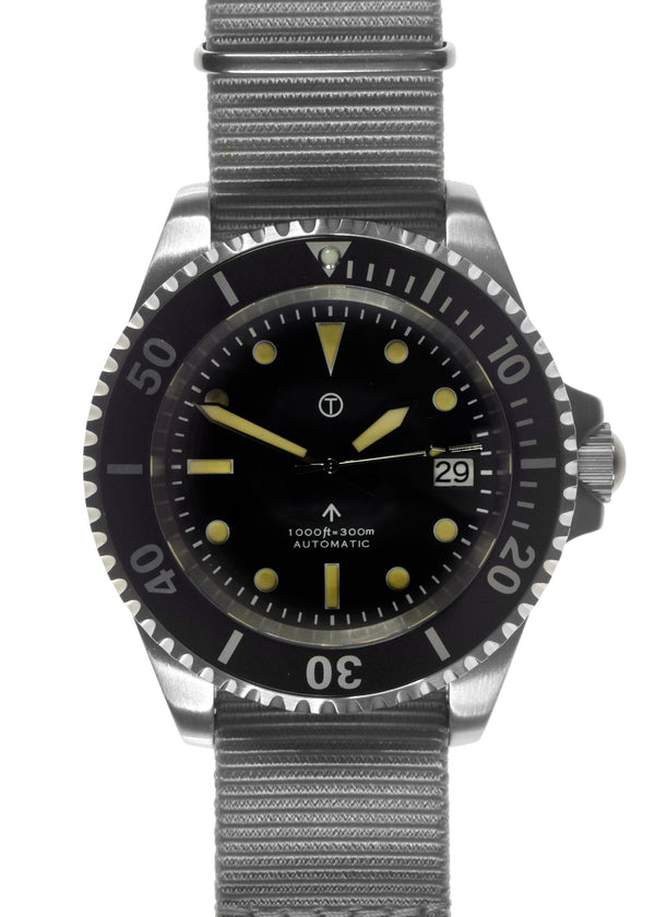 MWC 24 Jewel 1980s Pattern 300m Automatic Military Divers Watch with Sapphire Crystal and a Black and a Grey NATO Strap - Last One Reduced